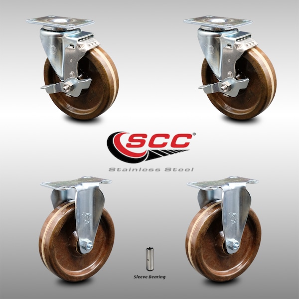 5 Inch SS High Temp Phenolic Top Plate Caster Set with 2 Brake 2 Rigid SCC